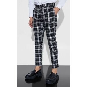 BoohooMAN Mens 34R Plaid Trousers Black White Tartan Slim Fit Dress Pants